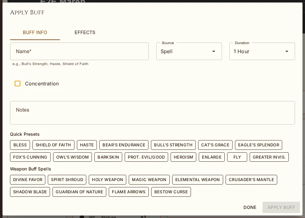 Add Buff — presets for common spells, or your own effects.