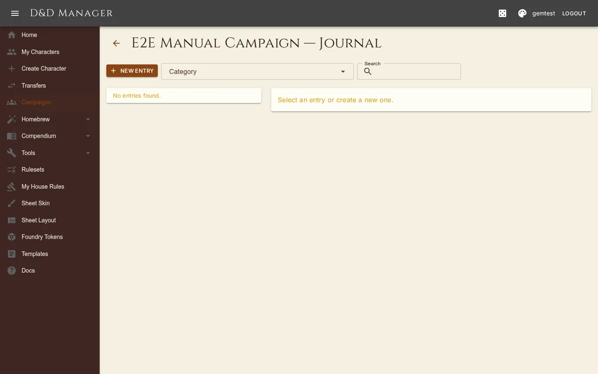 The campaign journal with markdown entries and DM-only visibility.