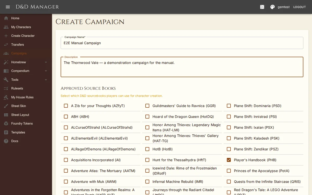 Creating a campaign: name, description and which source books are enabled.