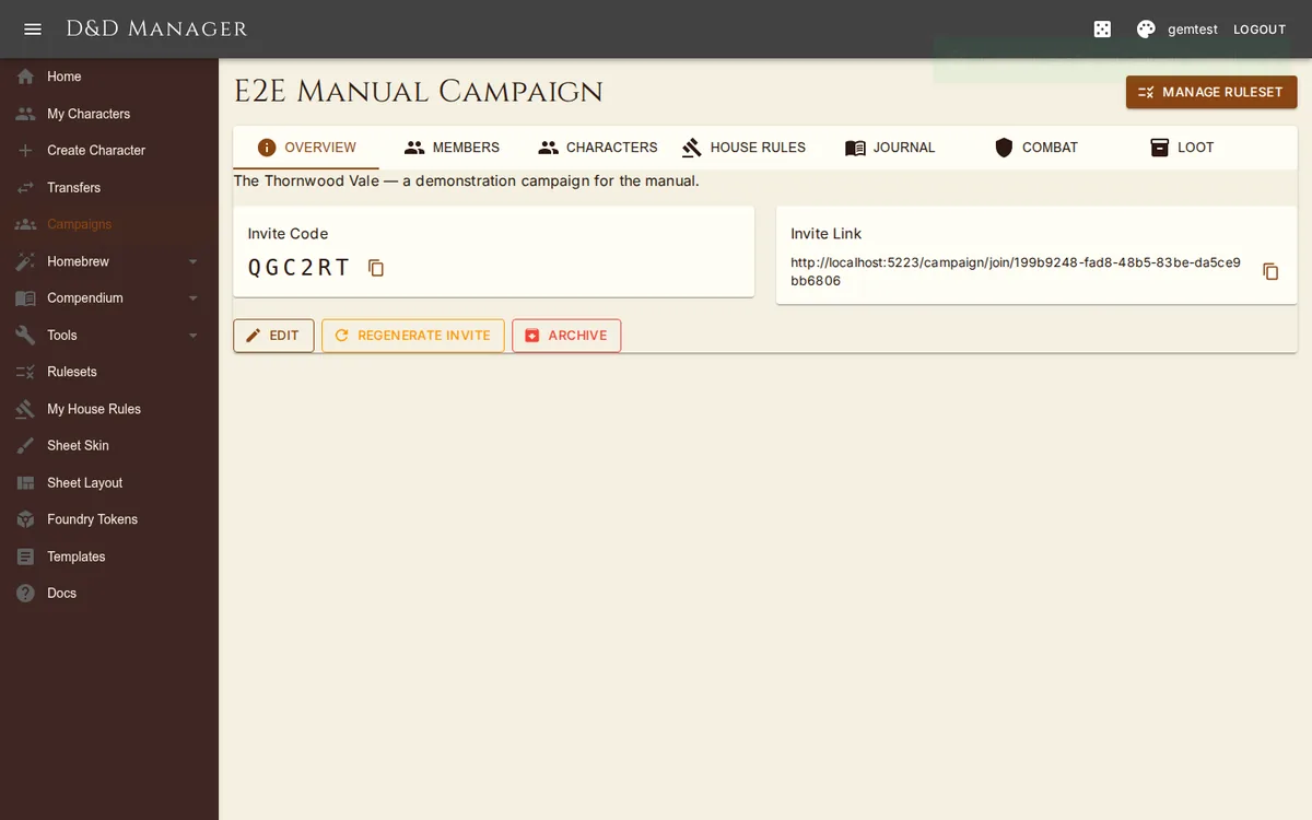 A campaign's overview, with tabs for members, characters, house rules, journal, combat and loot.