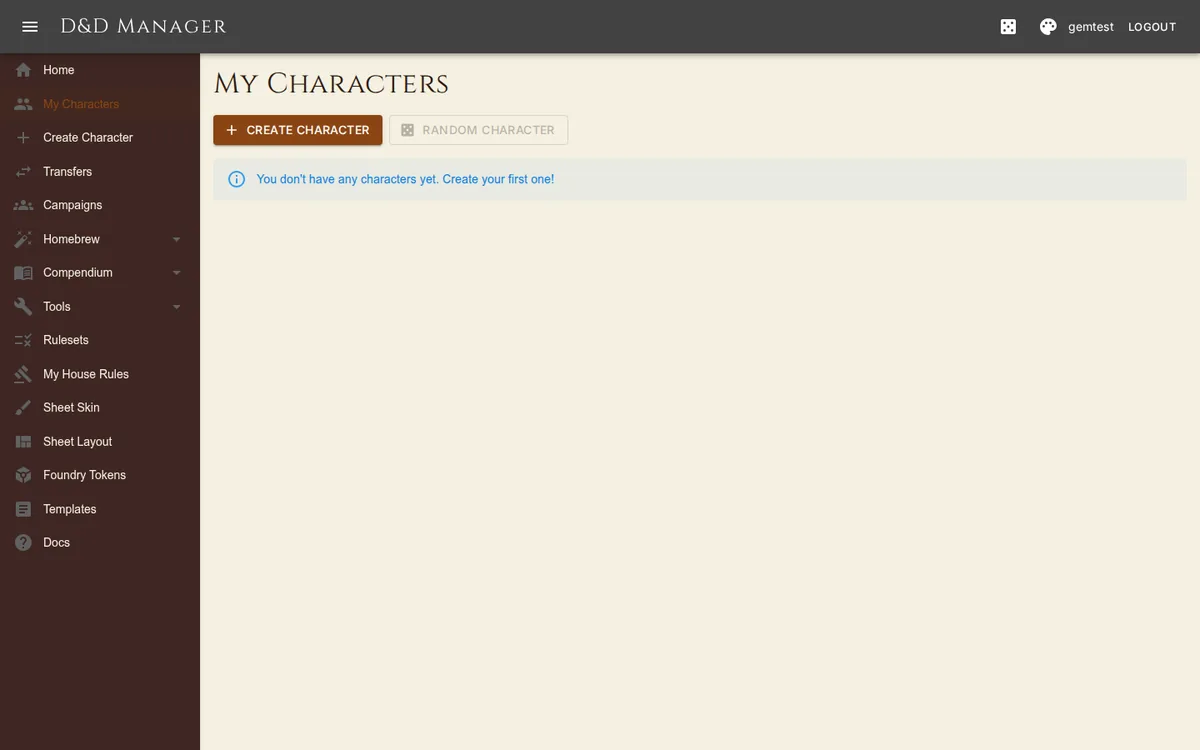 Your characters, with Create Character and the campaign filter.