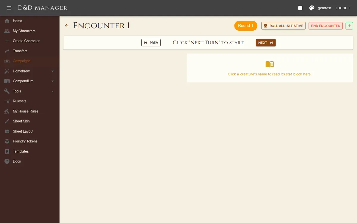 The combat tracker: initiative order, turns, hit points and conditions.