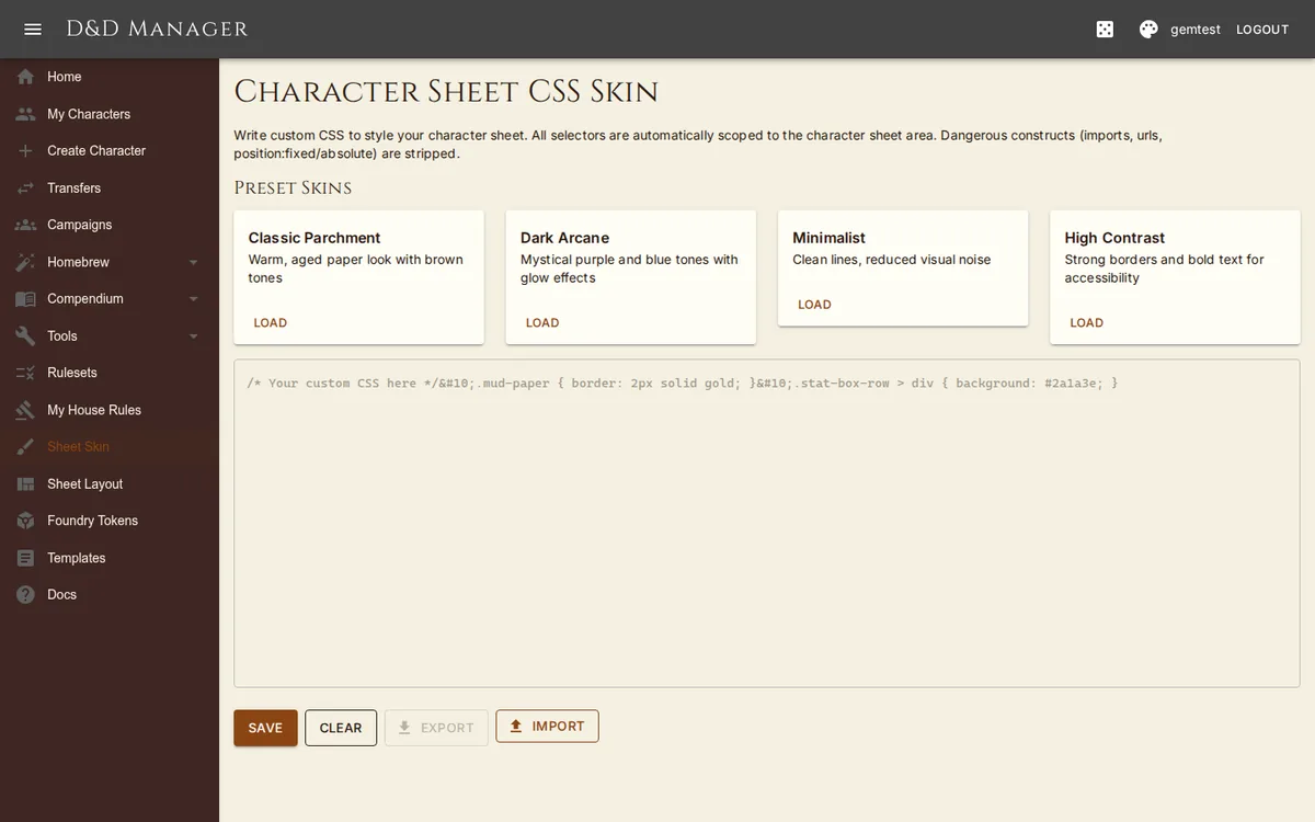 Sheet skins: preset looks or your own CSS, scoped to the sheet.