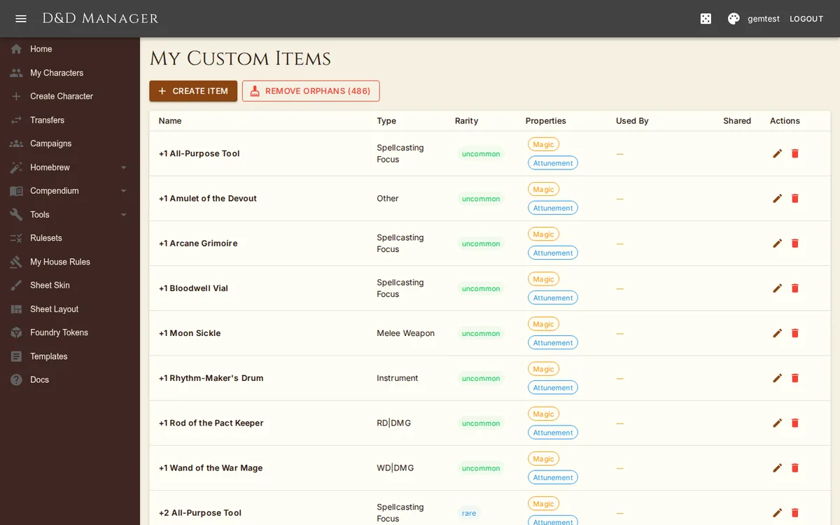 My Items: your custom and converted items, and where they are used.