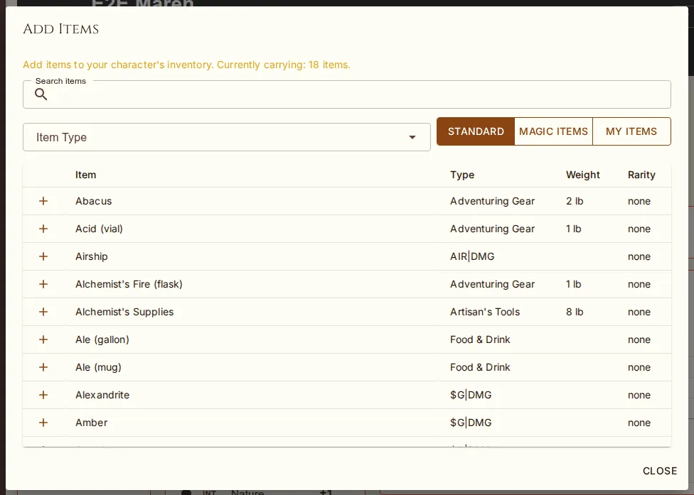 Add Items — standard gear, magic items and your own custom items.
