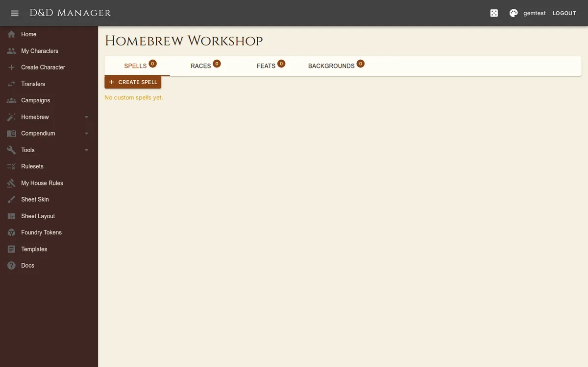 The Homebrew Workshop: your own spells, races, feats and backgrounds.