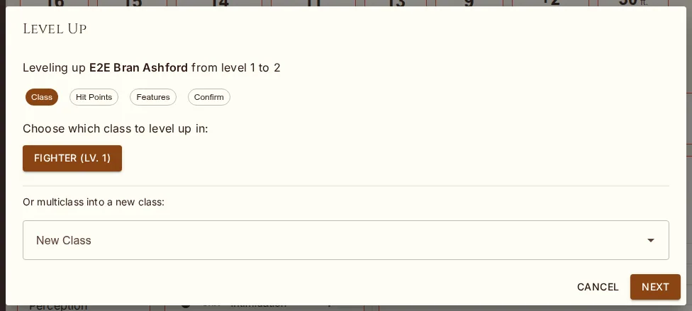 Level-up step 1 — which class gains the level; multiclass options appear here.
