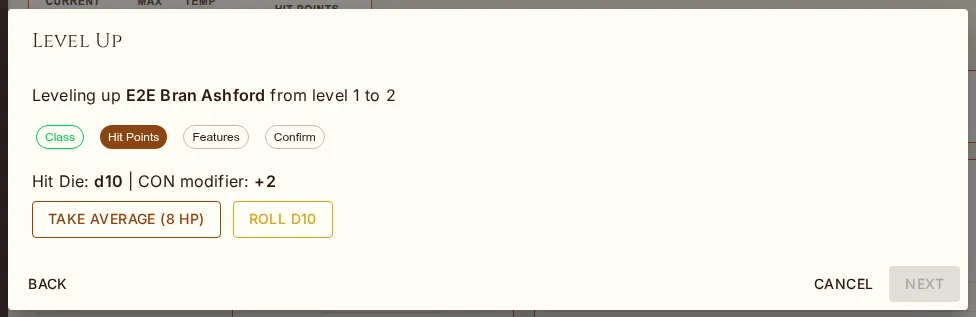 Level-up step 2 — roll or take the average, with the Constitution modifier shown.