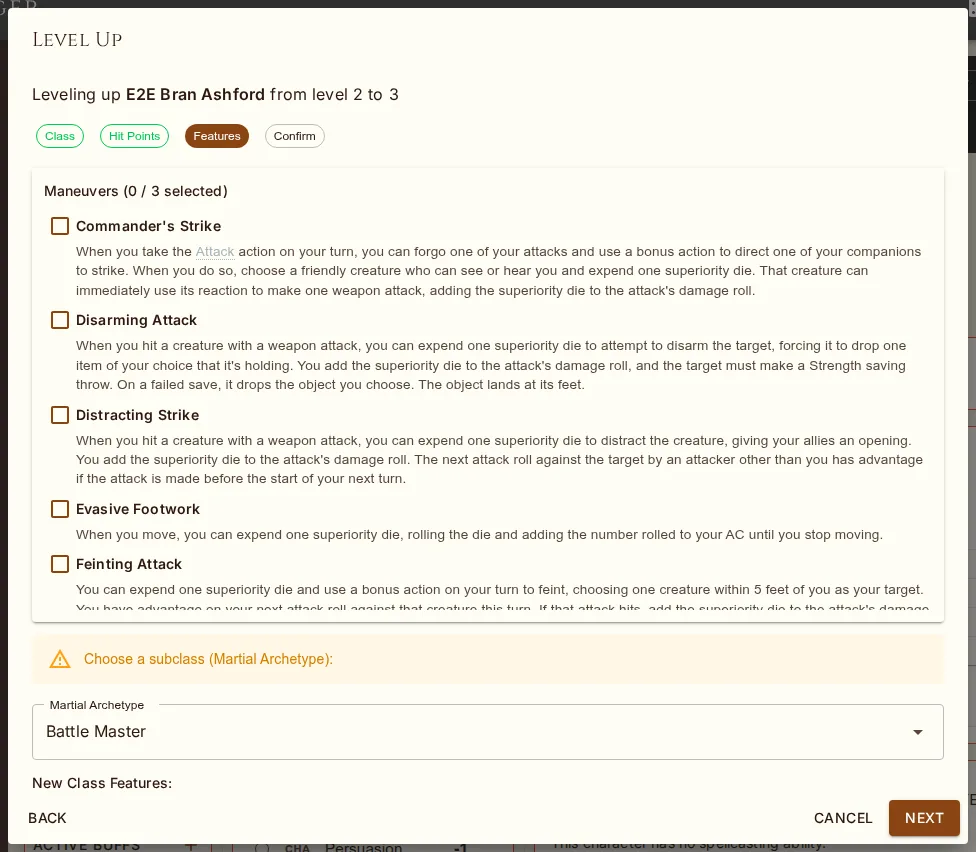 Level-up step 3 — the subclass pick and every choice the level owes (here a Battle Master's maneuvers).