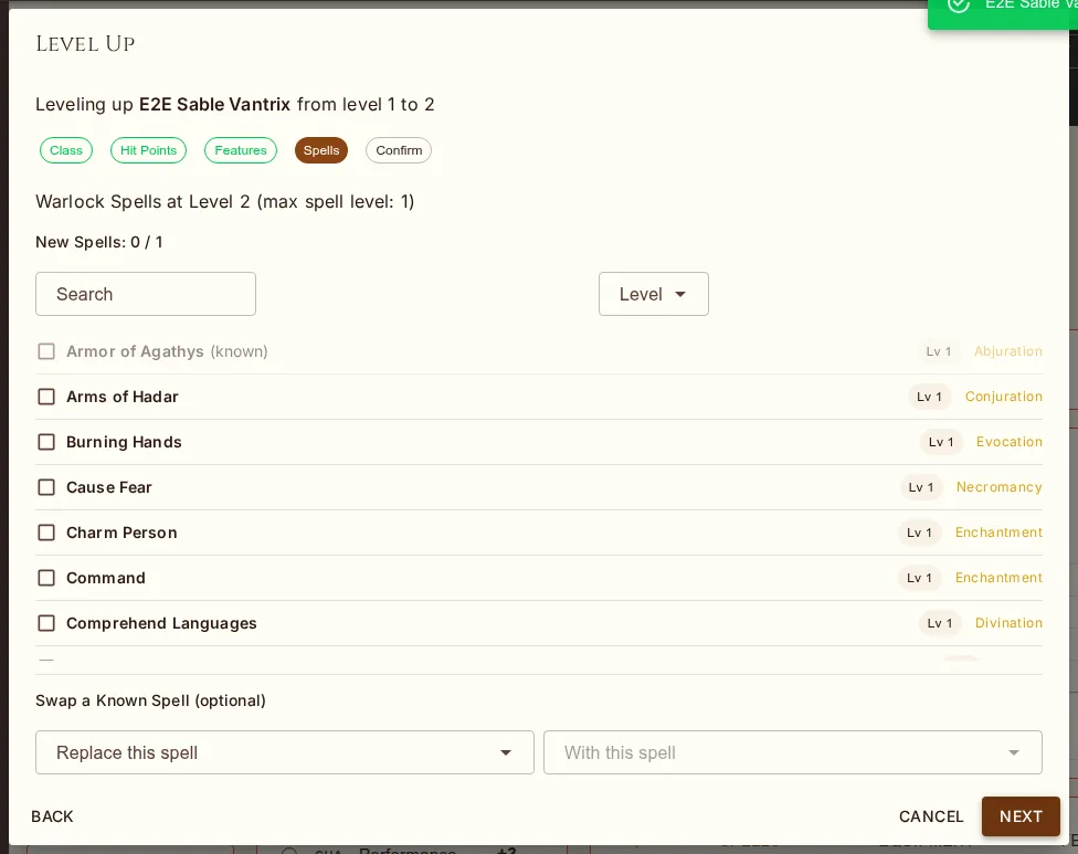 Level-up step 4 — new spells and cantrips from the class list, with the subclass's expanded spells folded in.