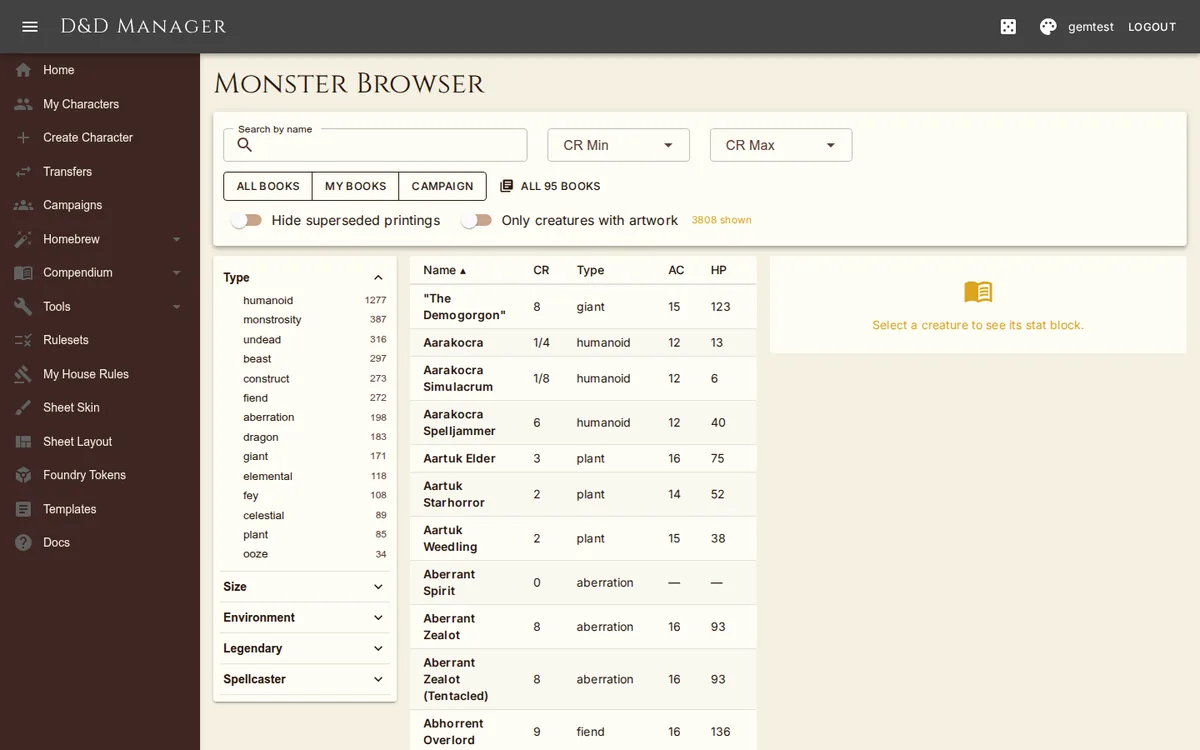 The monster browser with challenge, type and environment filters.