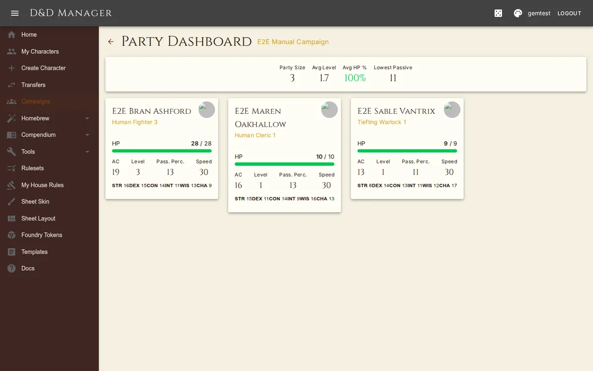 The party dashboard: every character's health, defences and passives at a glance.