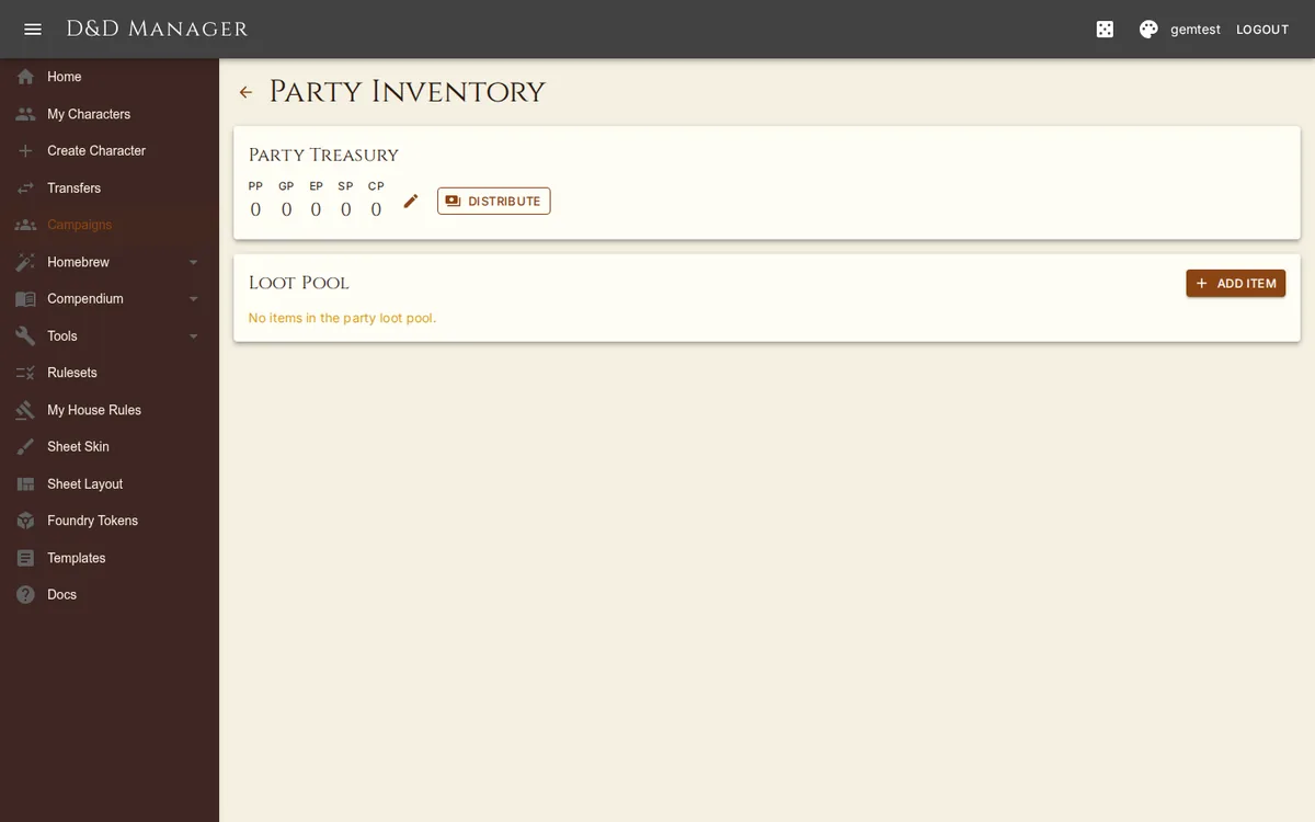 Party inventory and treasury, with distribution to characters.