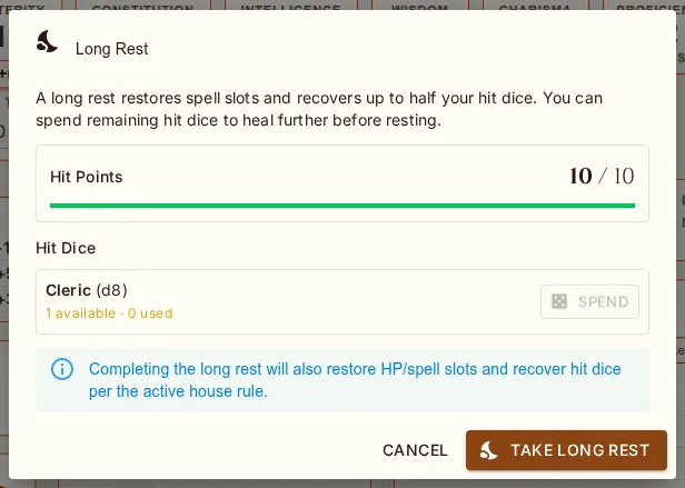 The rest dialog: spend hit dice before confirming, under the campaign's rest rules.