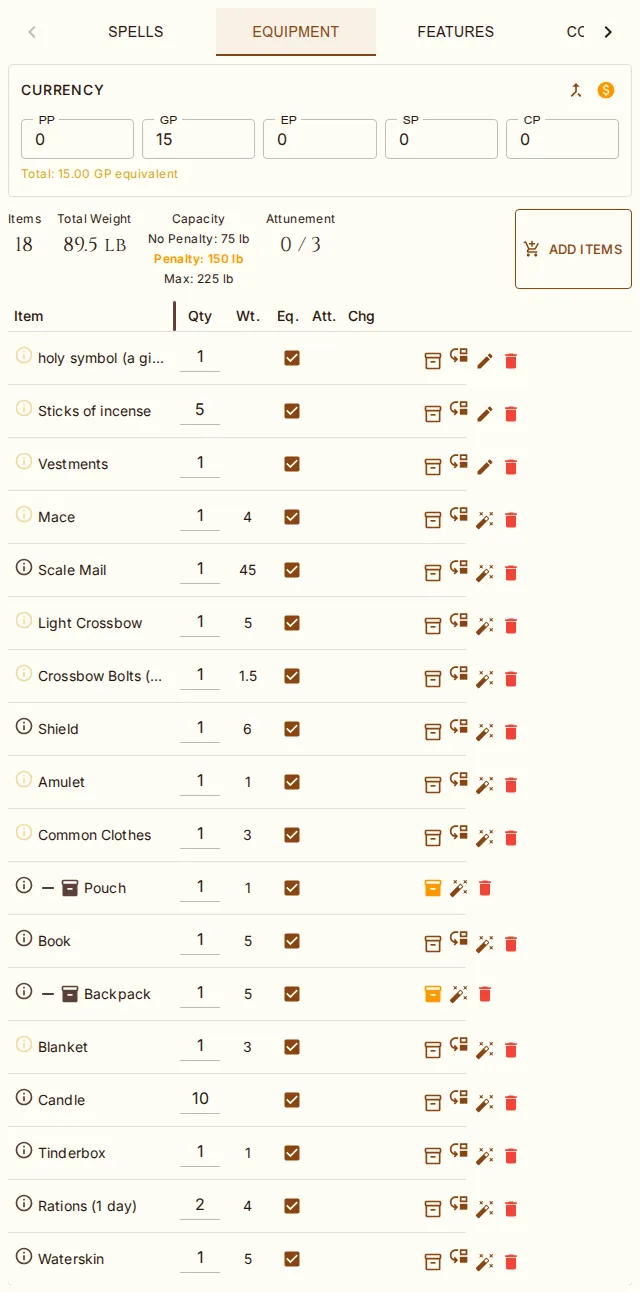 The Equipment tab: containers, quantities, equip and attune toggles, weight and encumbrance.