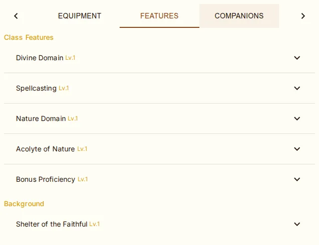 The Features tab groups racial traits, class features and feats; toggleable features get a switch.