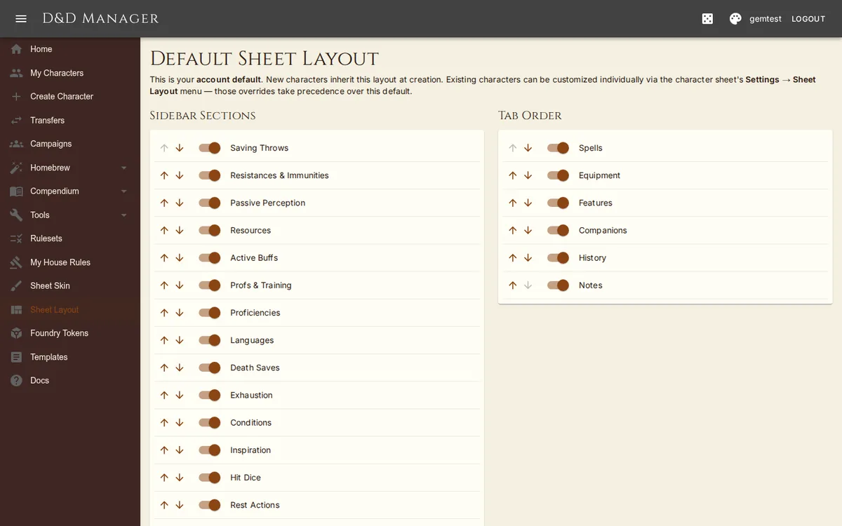 The default sheet layout: sidebar order and tab visibility.