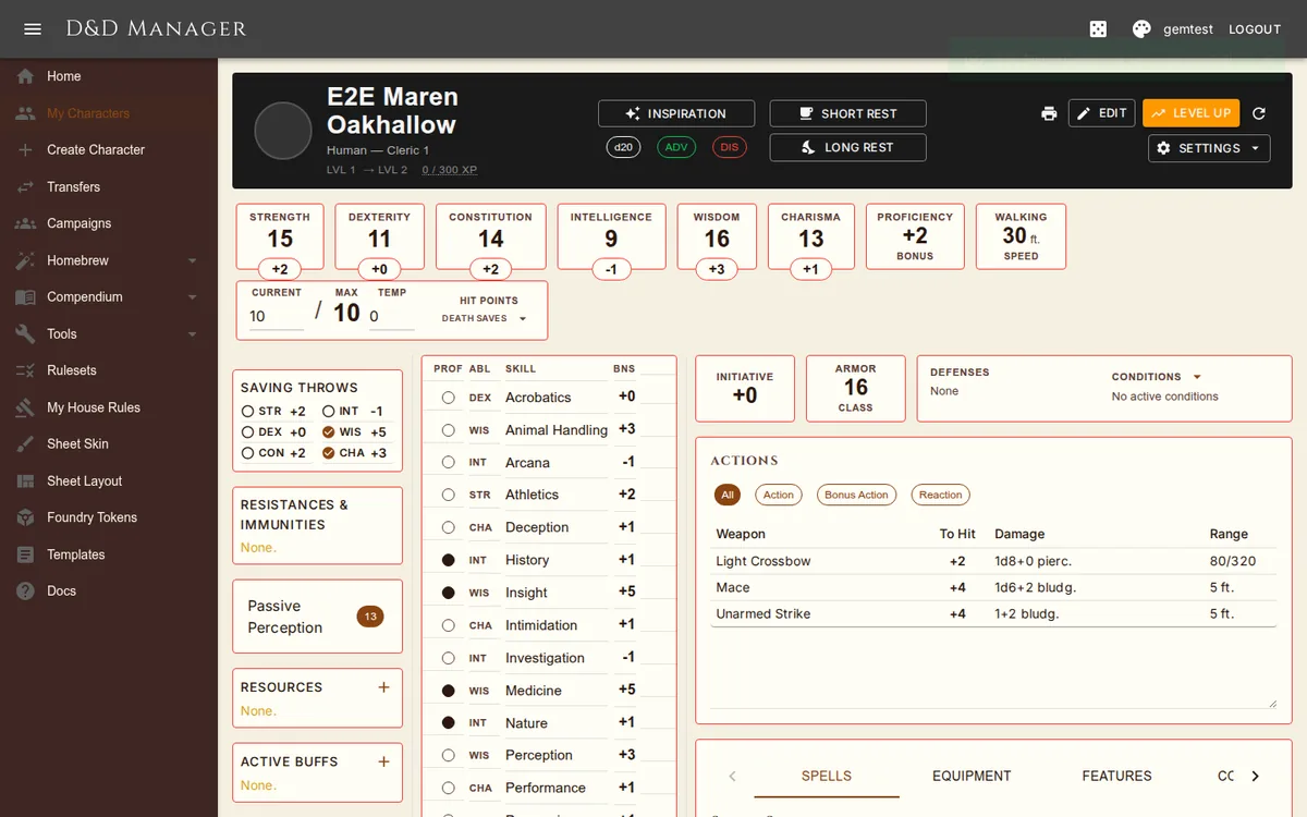 The character sheet: banner, ability row, sidebar, skills and the tabbed right panel.
