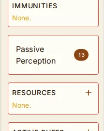 The Resources card: uses, recovery and activation.