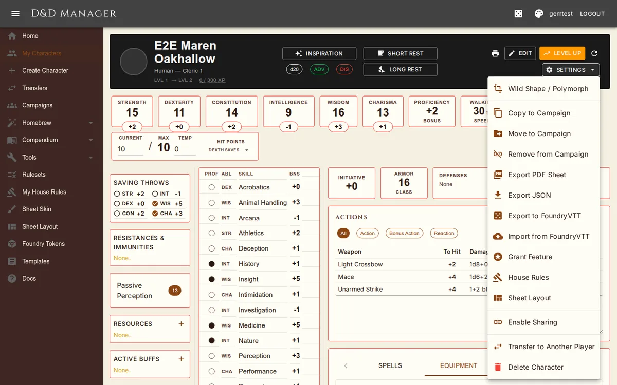 The Settings menu: exports, imports, house rules, layout, sharing, transfer and delete.