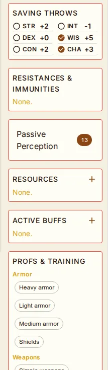 The sidebar: saving throws, resistances, passive perception, resources, buffs and proficiencies.