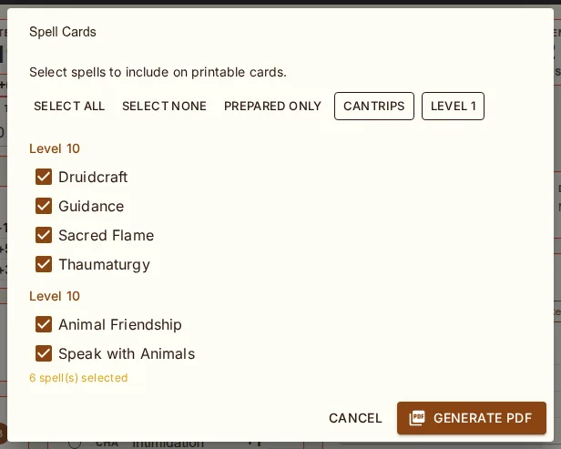 Spell Cards — choose spells and print a card grid.