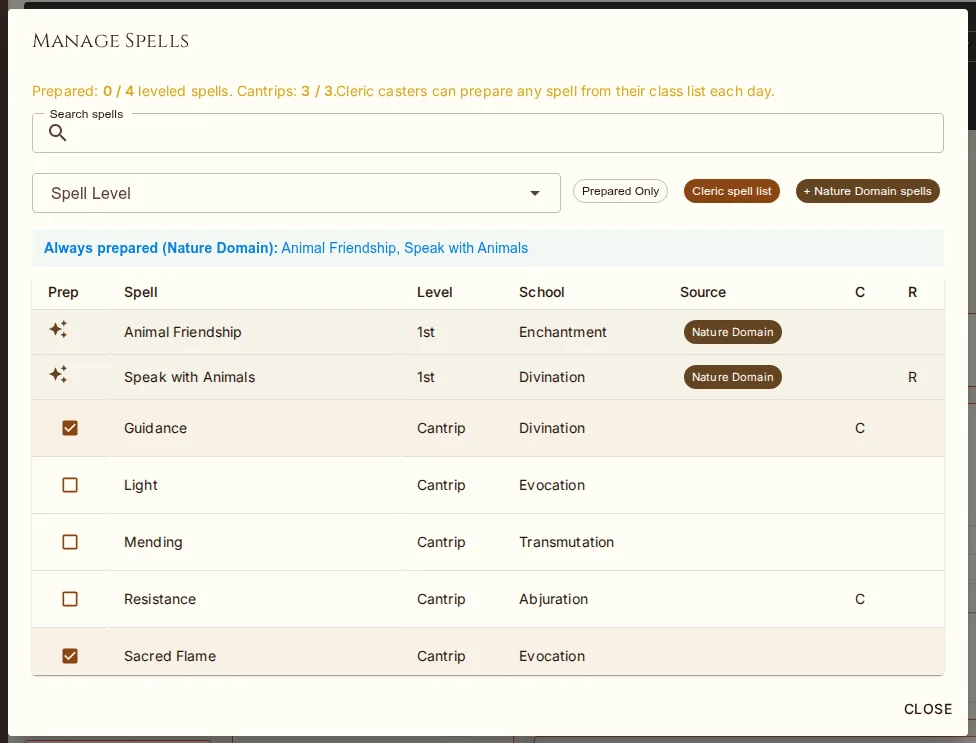 Manage Spells — known and prepared spells by level, with the subclass's bonus spells listed.