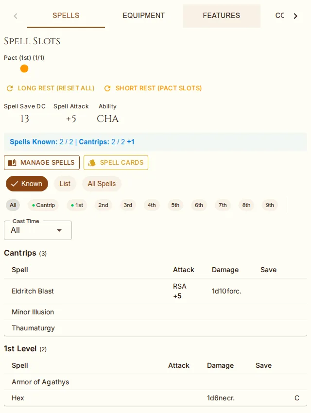 The Spells tab for a known caster: slots, save DC, attack bonus and the filtered spell table.