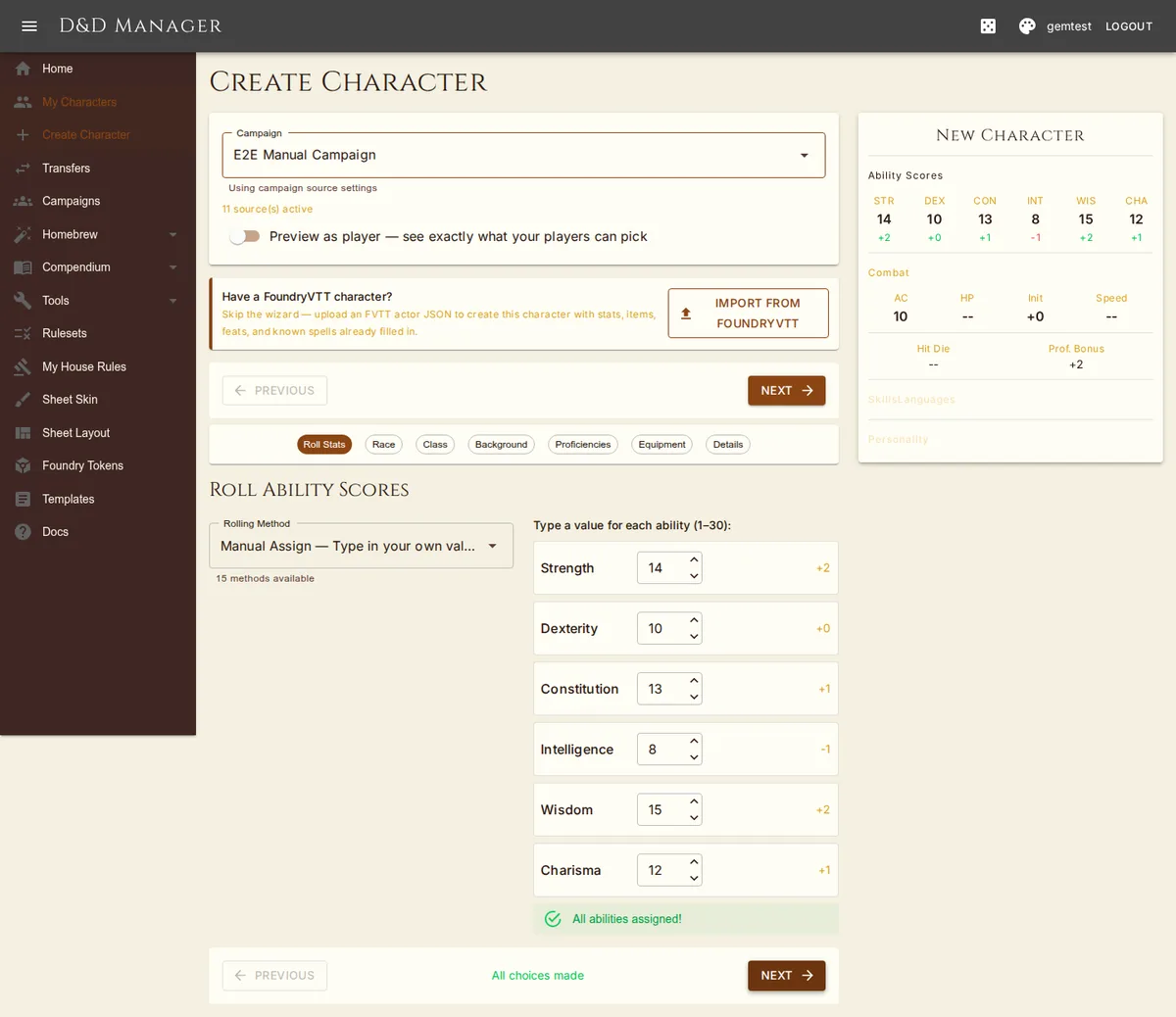 Step 1 — pick a rolling method or type scores in by hand.
