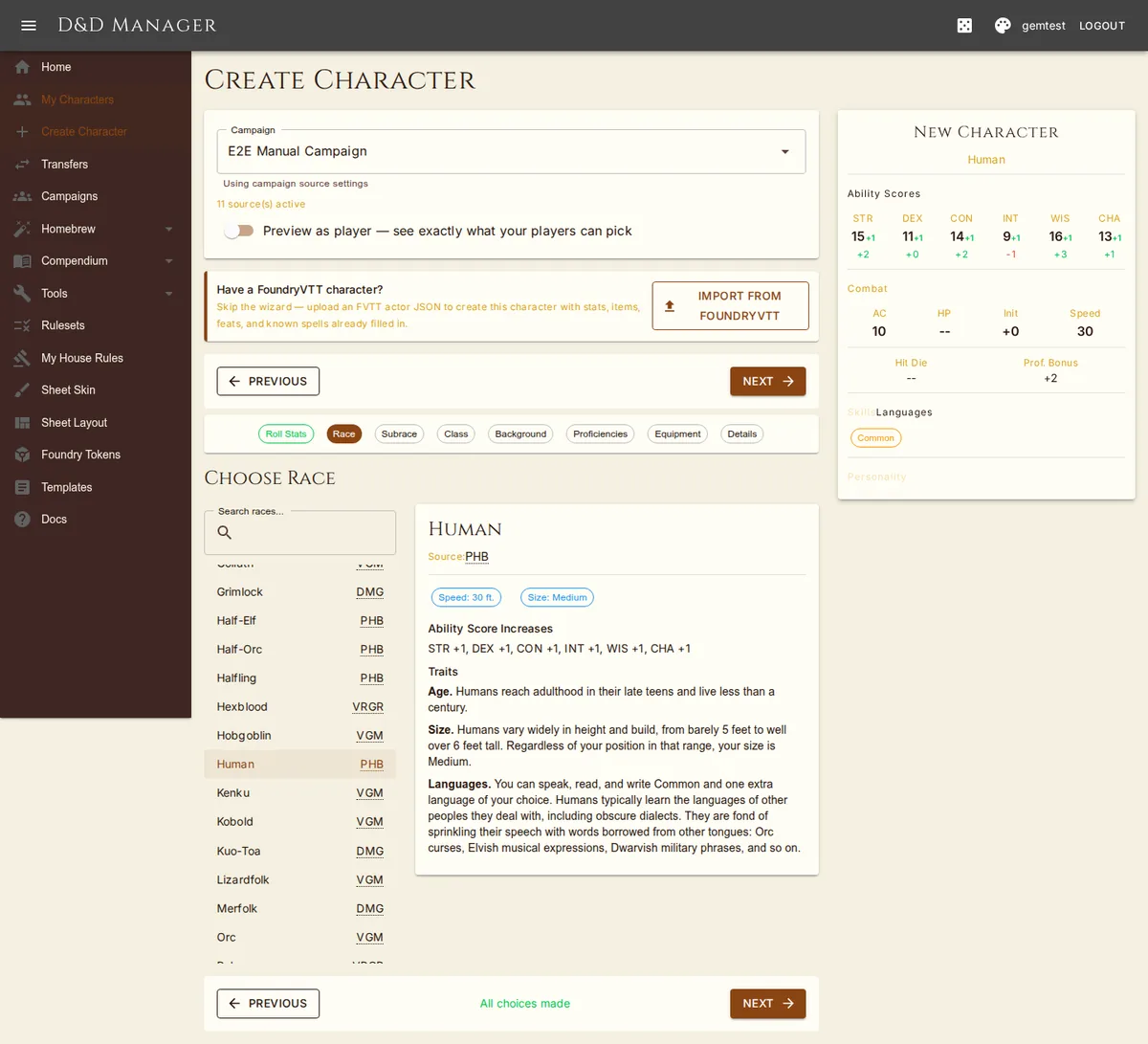 Step 2 — the race list with traits, ability bonuses and any picks on the right.