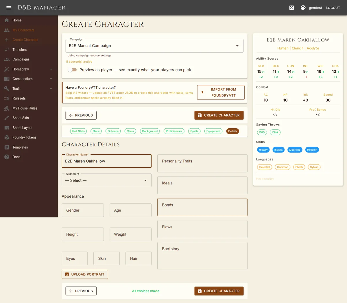 Step 8 — name, alignment, appearance and backstory, with the live preview on the right.